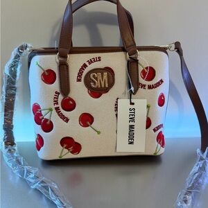Steve Madden Cream Cherry Print Crossbody Satchel with Brown Trim